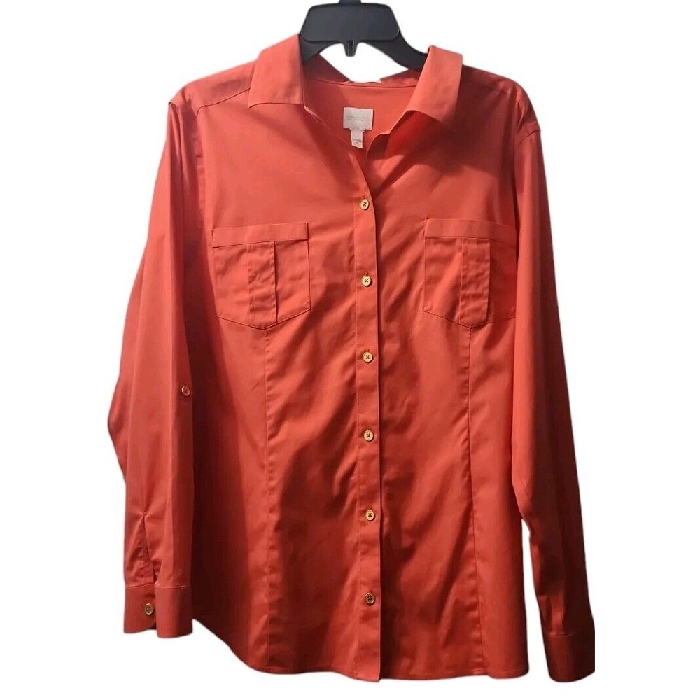 Chico's Roll Tab Sleeve Button Down Shirt Relaxed Fit Coral Size‎ 0.5